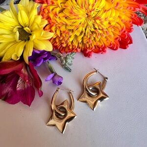 14KT Yellow Gold Hoops With Puffy Star Charms - Can Be Worn Together or Apart